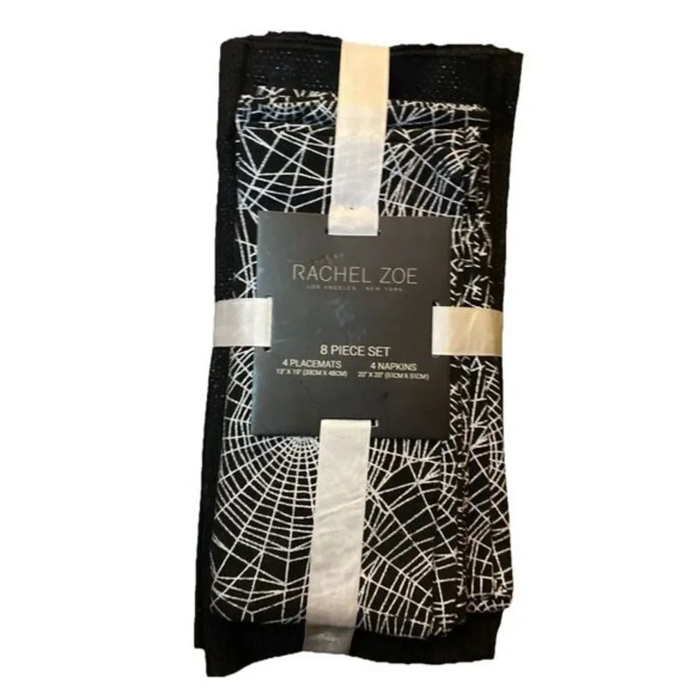 RACHEL ZOE Halloween Spooky Silver Spider‎ Web Napkins Black Placemats 4 EA
